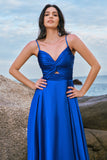 Spaghetti Straps Satin Encre Bleu Demoiselle d’honneur Robe Avec Fente