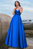 Spaghetti Straps Satin Encre Bleu Demoiselle d’honneur Robe Avec Fente