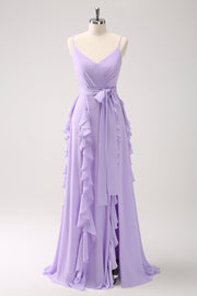 Robe de demoiselle d’honneur à volants en mousseline de soie lilas avec fente