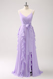 Robe de demoiselle d’honneur à volants en mousseline de soie lilas avec fente