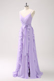 Robe de demoiselle d’honneur à volants en mousseline de soie lilas avec fente