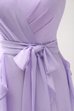 Robe de demoiselle d’honneur à volants en mousseline de soie lilas avec fente