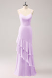 Robe de demoiselle d’honneur sirène à bretelles spaghetti Lilas avec volants