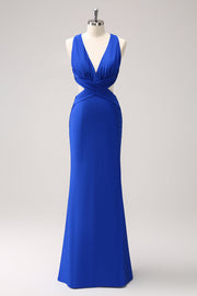 Robe de demoiselle d’honneur longue froncée sirène bleu royal découpée