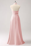 Robe de demoiselle d’honneur en satin trapèze rose avec fente