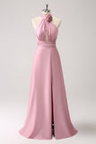 Robe de demoiselle d’honneur en satin trapèze rose avec fente