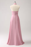 Robe de demoiselle d’honneur en satin trapèze rose avec fente