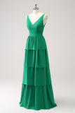 Robe de demoiselle d’honneur longue à niveaux à col en V vert