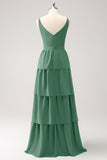 Robe de demoiselle d’honneur longue à niveaux à col en V vert