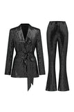 Paillettes vertes scintillantes à revers cranté femmes costumes avec ceinture