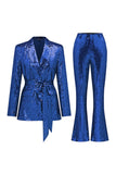 Paillettes vertes scintillantes à revers cranté femmes costumes avec ceinture