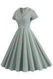 Robe à revers trapèze vintage à manches courtes Green Grid A Line des années 1950