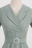 Robe à revers trapèze vintage à manches courtes Green Grid A Line des années 1950