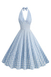 Robe à carreaux bleu licol des années 1950 avec nœud