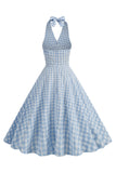 Robe à carreaux bleu licol des années 1950 avec nœud