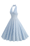 Robe à carreaux bleu licol des années 1950 avec nœud