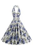 Robe dos nu blanc bleu à imprimé floral des années 1950