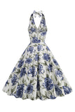 Robe dos nu blanc bleu à imprimé floral des années 1950