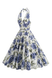 Robe dos nu blanc bleu à imprimé floral des années 1950