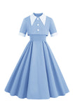 Robe deux pièces midi vintage à col claudine bleu avec boutons