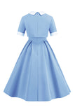 Robe deux pièces midi vintage à col claudine bleu avec boutons