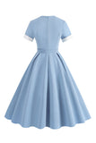 Robe bleue trapèze vintage des années 1950 avec ceinture