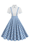 Robe vintage bleue à bretelles à pois et col claudine