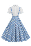 Robe vintage bleue à bretelles à pois et col claudine