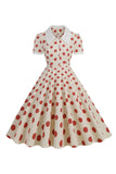 Robe swing vintage à pois rouges de style rétro avec manches capuchon