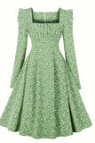 Robe vintage verte à manches longues à col carré A Line