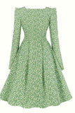 Robe vintage verte à manches longues à col carré A Line