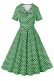 Robe vintage à pois à col revers vert à manches courtes