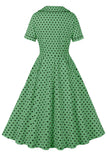 Robe vintage à pois à col revers vert à manches courtes