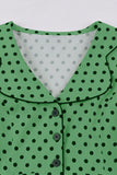 Robe vintage à pois à col revers vert à manches courtes