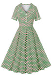 Robe vintage à pois à manches courtes à col revers vert rose