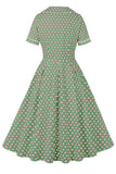 Robe vintage à pois à manches courtes à col revers vert rose