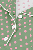 Robe vintage à pois à manches courtes à col revers vert rose