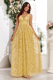 Robe de bal longue jaune à col en V avec appliques