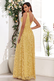 Robe de bal longue jaune à col en V avec appliques