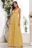 Robe de bal longue jaune à col en V avec appliques