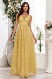 Robe de bal longue jaune à col en V avec appliques