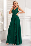 Robe de bal longue à paillettes vert foncé scintillante avec volants