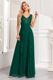 Robe de bal longue à paillettes vert foncé scintillante avec volants