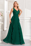 Robe de bal longue à paillettes vert foncé scintillante avec volants