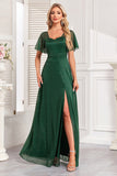 Robe de bal longue ligne vert foncé scintillante avec fente