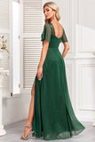 Robe de bal longue ligne vert foncé scintillante avec fente