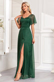 Robe de bal longue ligne vert foncé scintillante avec fente