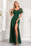 Robe de bal longue ligne vert foncé scintillante avec fente