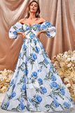 Robe de bal longue à fleurs bleues blanches avec manches volantées