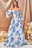 Robe de bal longue à fleurs bleues blanches avec manches volantées